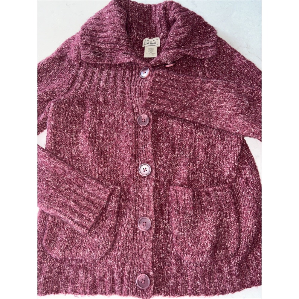 LL Bean Sweater Womens XS Burgundy Wool Full Button Cable Knit Marbled Cardigan